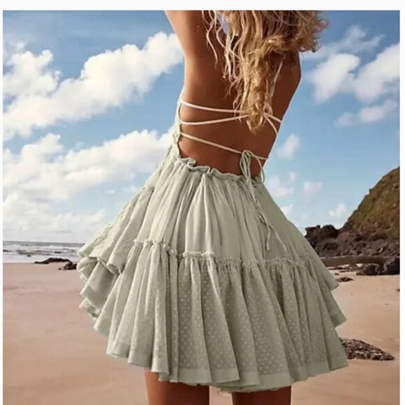 Free People 100 Degree Halter Mini Dress Tender Fern Light Green Medium Boho - Picture 1 of 14